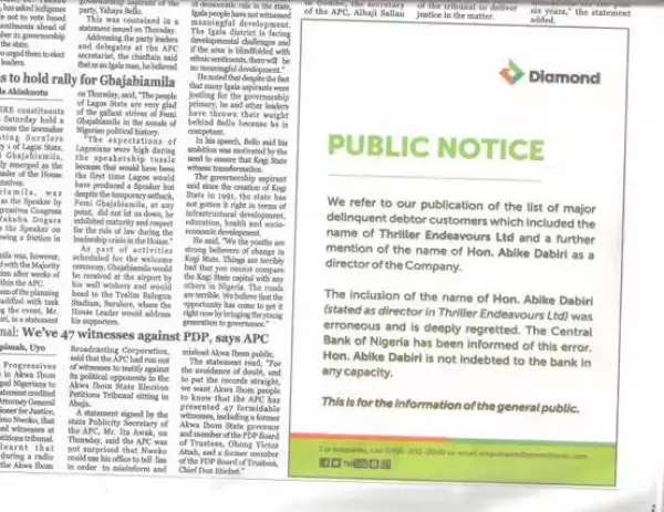 Diamond Bank Apologizes To Hon. Abike Dabiri-Erewa After Being Sue To Court [See Photo]